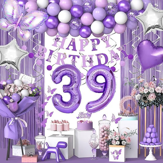 39th Purple Birthday Decorations for Women, Purple Pink 39th Birthday Decorations Butterfly Theme Lavender Party Decor Set with Number Balloons, Banner, Sash, Butterfly Stickers