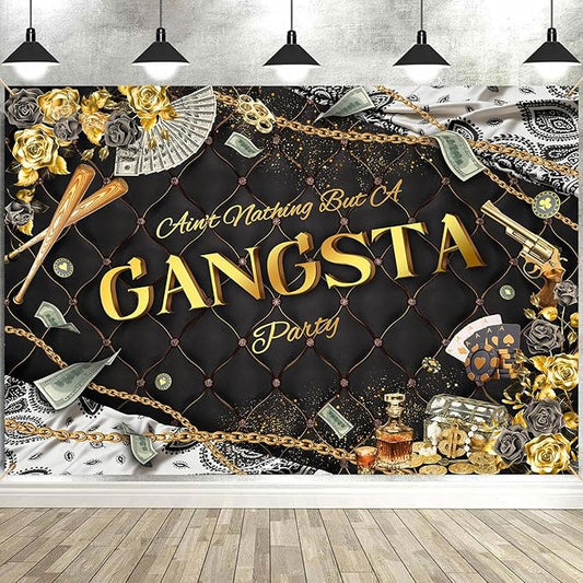 Gangsta Party Backdrop Black Gold Hiphop Theme Gangster Photography Background Aint Nothing But A Gangsta Hip Hop Gangsta Themed Party Decoration Banner Photo Booth Studio Props 9x6ft FU014YL