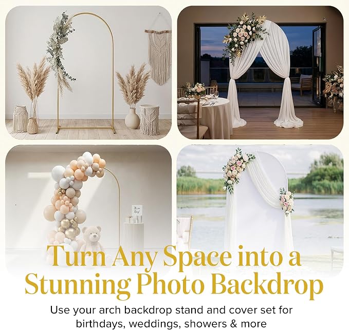 7.2FT Gold Wedding Backdrop Arch Stand with White Spandex Cover – Metal Frame, Water Weights & Storage Bag – Party, Birthday, Baby Shower, Bridal Shower, Wedding Ceremony, Photo Booth Decor