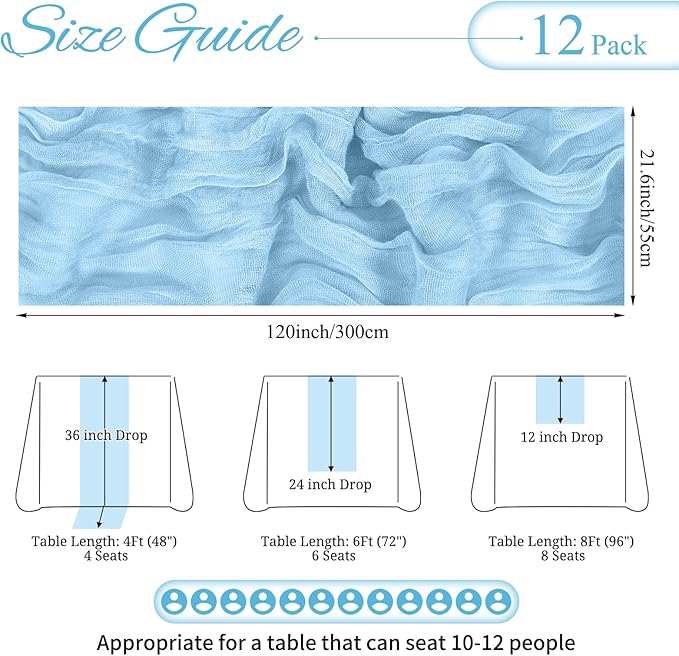 12 Pack Light Blue Cheesecloth Table Runner 10FT Baby Blue Boho Gauze Cheese Cloth Table Runner Rustic Sheer Fabric Table Runners for Wedding Bridal Shower Baby Shower Party(21.5×120 Inch)