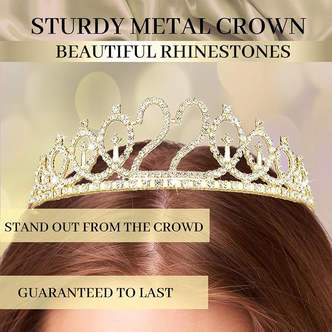 Trgowaul 22nd Birthday Decorations for her, Champagne Gold Happy 22nd Birthday Supplies for Girls, 22 Sash and Crown, Banner, Fringe Curtains, Cake Topper, 22 Year Old Party Supplies Set