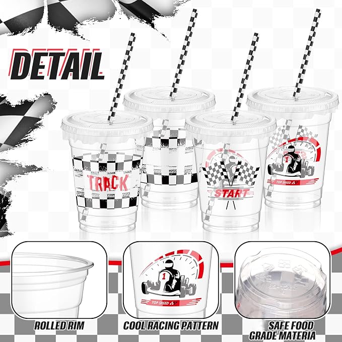 FoldTier 50 Pcs Checkered Racing Party Plastic Cup 12 oz Checkered Flag Thick Transparent Cup Black and White Cups Race Car Birthday Party Supplies for Racecar Sports Themed