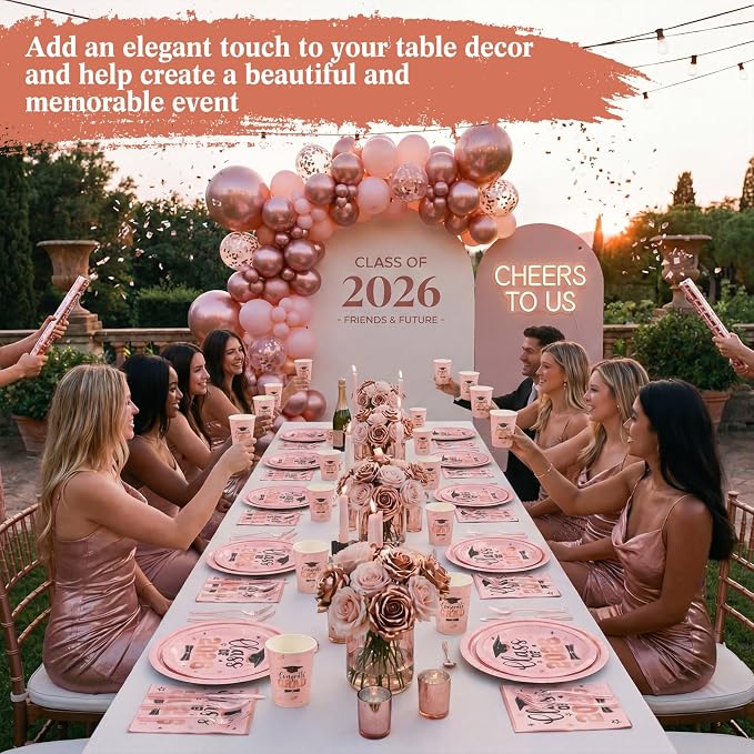 Funnymoom 400 Pcs Graduation Party Supplies Class of 2026 Graduation Paper Plate Napkin Cup Cutlery Congrats Grad Disposable Tableware Set for Grad Party Decorations, Serve 50 (Pink,Black)