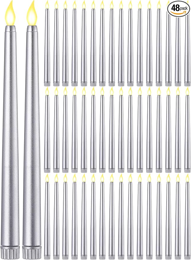 Funtery 48 Pcs Flameless LED Taper Candles Battery Operated Candles Bulk Realistic LED Candlesticks Flickering for Wedding Church Party Home Decor(Silver,11 Inch,Classic Style)