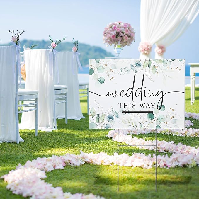 3 Pack 17''×12.5'' Wedding This Way Signs Double Sided Printed Wedding Directional Parking Sign with Stakes for Ceremony Reception Lawn Yard Arrow Signs Plastic Rainproof Party Supplies,Green Leaf