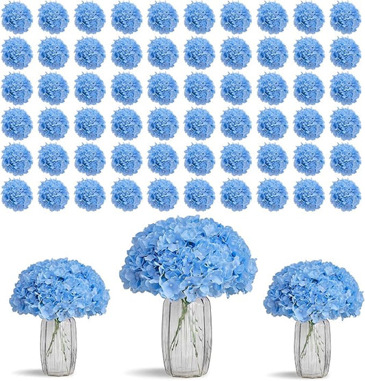 80pcs Blue Hydrangea Artificial Flowers Silk Heads with Stems for DIY Wedding Centerpiece Baby Shower Home Party Decor