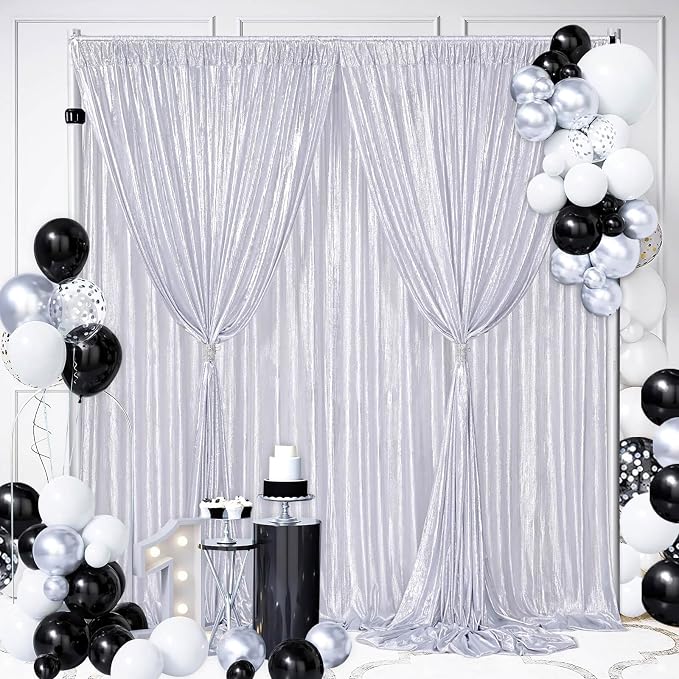 Silver Sequin Backdrop Curtain: Glitter Drapes 9.6ft x10ft Background for Indoor Outdoor Christmas Photography Birthdays Weddings Graduations 2 Panels 4.8FTx10FT