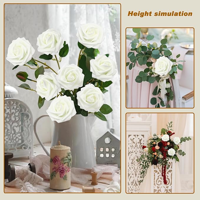 JOYLEX Artificial Flowers Realistic Roses, 25pcs Real Looking Fake Roses with Stem for DIY Wedding Bouquets Centerpieces Bridal Shower Party Home Romantic Decorations (25pcs, Milk White)