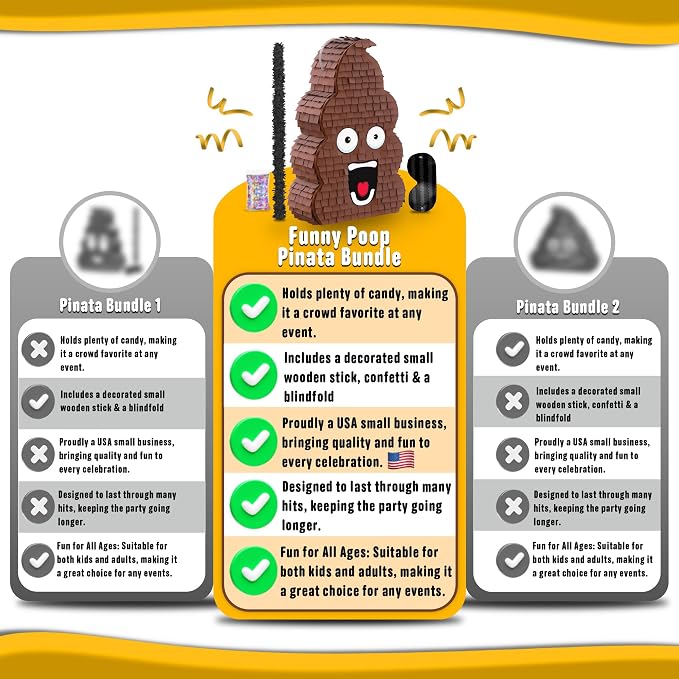 Jergrim Funny Poop Piñata 4-Piece Set perfect for Birthday Parties, Decorations, Emoticon Parties, Fun shape, Great Party Addition for kids, teens, and adults 17”X10” Durable!