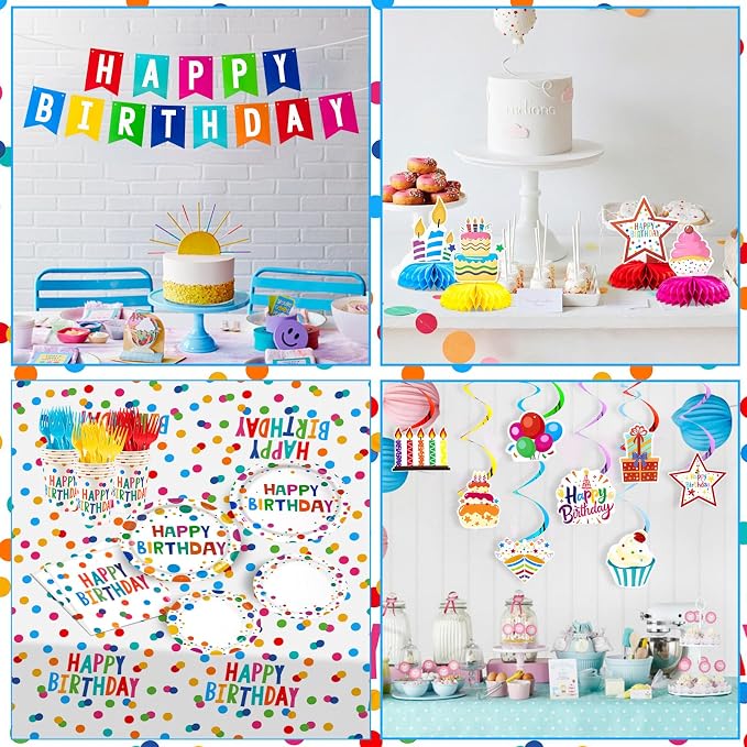 Colorful Dots Party Decorations,155pcs Happy Birthday Themed Party Decorations Include Tablecloth,Plate and Napkin,Cup,Fork,Banner,Balloon,Honey Comb ,Hanging Swirls, Colorful Party Supplies Serve 24
