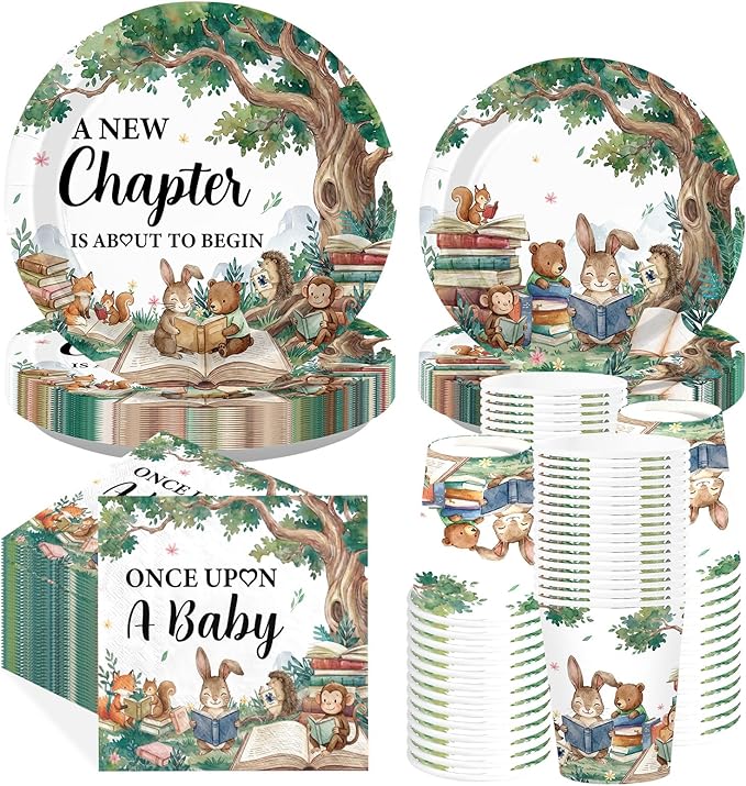 250Pcs Storybook Baby Shower Party Decorations A New Chapter is About to Begin Baby Shower Plates and Napkins Set for Storybook Forest Animal Theme Newborn Celebration Party Supplies Serve 50