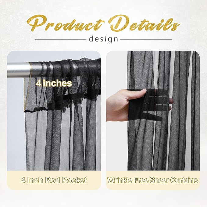 10x8ft Black Tulle Backdrop Curtain with Lights String for Parites, Sheer Photo Backdrop Curtains with Lights for Wedding Backdrop Ceremony Reception Bridal Shower Baby Shower Birthday Party