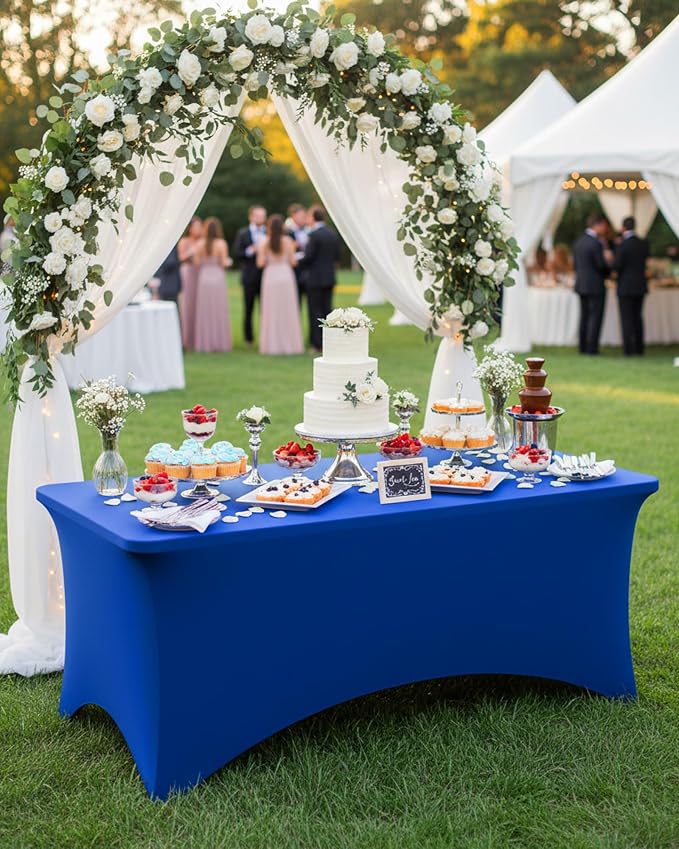 Fixwal Royal Blue Stretch Table Cloth Rectangle 2 Pack 6Ft, Spandex Fitted Table Covers Washable for Party, Trade Show, Banquet, Wedding, Buffet