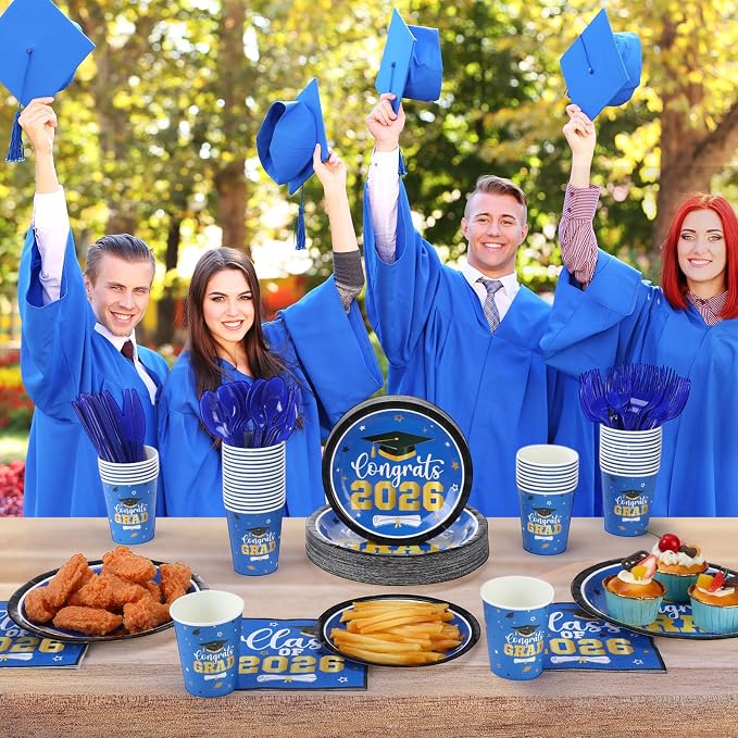 Funnymoom 400 Pcs Graduation Party Supplies Class of 2026 Graduation Paper Plate Napkin Cup Cutlery Congrats Grad Disposable Tableware Set for Grad Party Decorations, Serve 50(Blue, Gold)