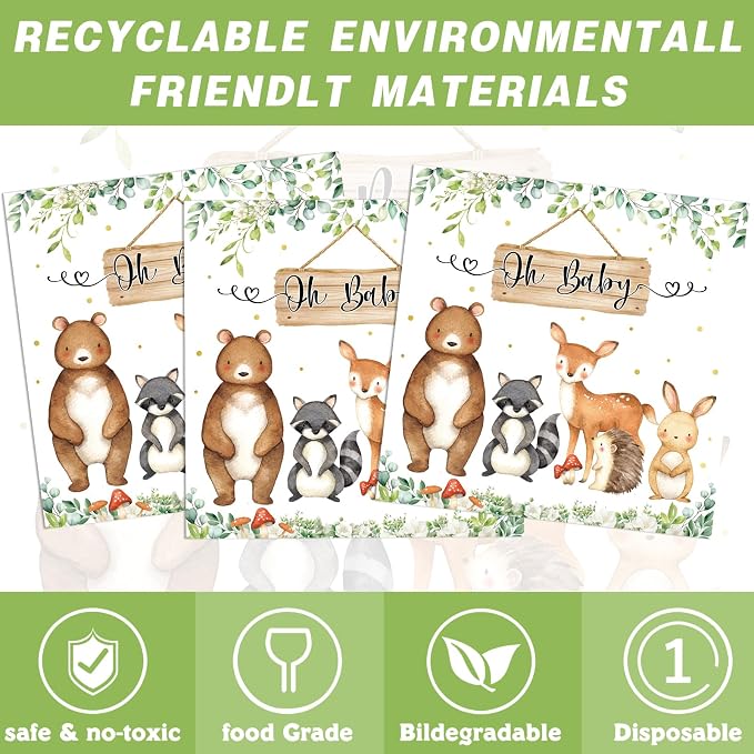 170pcs Woodland Animals Baby Shower Decorations Pack Forest Animal Neutral Gender Reveal Party Supplies Woodland Themed Birthday Party Ideas Set , Tablecloth, Cake Toppers,for 25 Guests