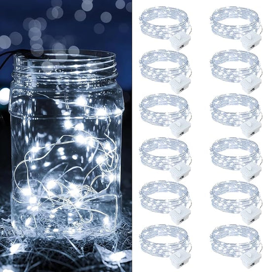 12 Pack White Fairy Lights Battery Operated, 7ft 20 LED Mini String Twinkle Lights for Christmas Halloween Easter Mason Jars Centerpiece Table Decorations (12, White)