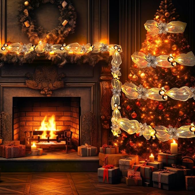 Hollowfly 16.4 ft Christmas Tree Ribbon Garland Mesh with Lights Decor Mesh Christmas Ball Garland Poinsettia Flower Hanging Ornament for Mantle Front Door Xmas Decoration(Champagne Gold)