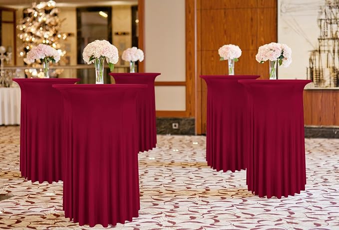 6 Packs Round Cocktail Table Skirt 32"x 43" Spandex Stretch Cocktail Tablecloth with Wavy Drapes, Wine Red Spandex Fitted High Top Table Covers for Wedding Bar Party Birthday Banquet Tables