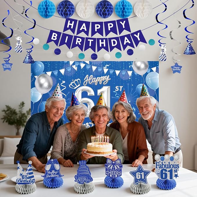 Happy 61st Birthday Party Decoration: Including Birthday Banner Backdrop, Party Table Centerpieces and Hanging Swirl Party Streamers, Birthday Decor for Men and Women (Blue, 61st Birthday)