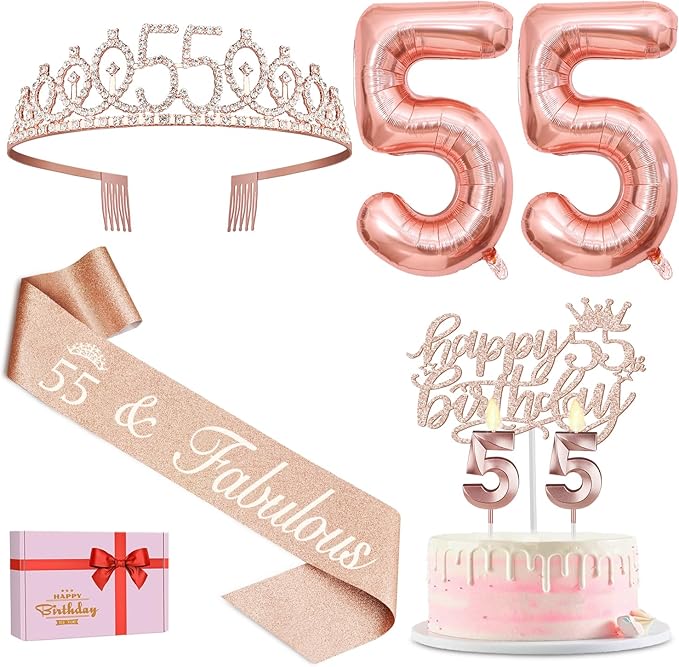 55 Birthday Decorations for Women, Including 55th Birthday Sash and Tiara, Cake Topper and Candles, Number Balloons, 55 Year Old Gifts for Women