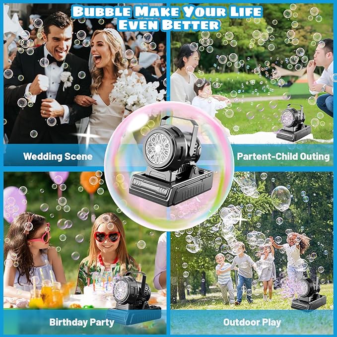 SHCKE Automatic Bubble Machine 10 Holes Bubble Blower,45° Adjustable,Dual Power USB-C or 4 AA Batteries,Top-Fill Portable Bubble Maker for Outdoor Birthday Party Pool Wedding Camping