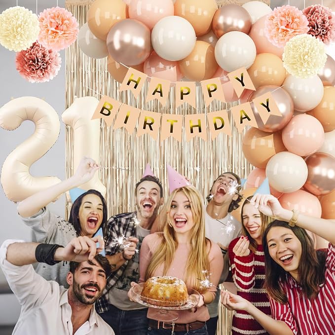 Beige 21st Birthday Decorations for Her Cream Number 21 Balloon Nude Gold Happy Birthday Banner Fringe Curtain Paper Pom Poms Blush White Sand Champagne Star Foil Balloons Neutral Boho Party Decor