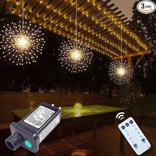 3 Pack 600 LED Plug-in Starburst Lights, Firework Light 8 Modes Dimmable Remote Control Waterproof Hanging Fairy Lights, Copper Wire Light for Patio Party Tent Halloween Christmas Decor (Warm White)