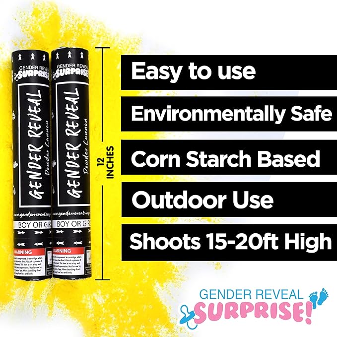 Gender Reveal Surprise - Yellow Powder Cannon - Easy to Use & Colorful Powder Cannon for Baby Gender Reveal Parties, Baby Showers & More - 12 Inch - 2 Pack