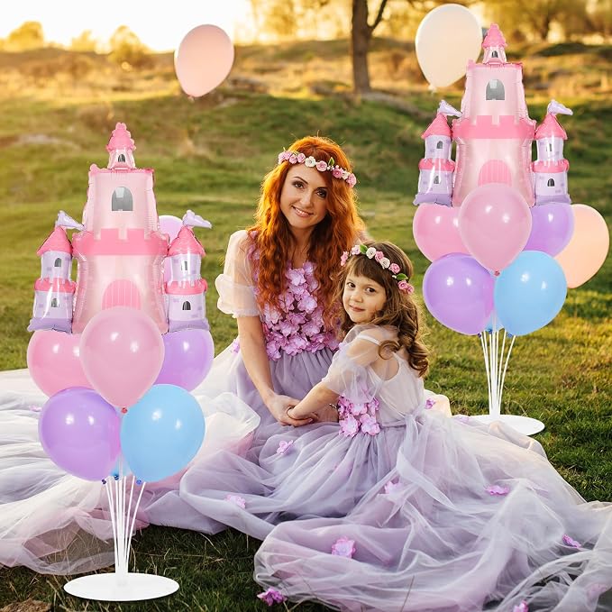 Princess Party Balloons Stand Kit 2 Sets with 2 Princess Castle Foil Balloons Pastel Blue Pink Purple Themed Party Balloon Centerpiece for Tables for Girls Baby Shower Fairytales Birthday Decorations