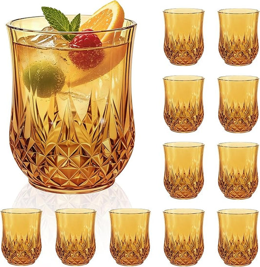12 Pack Plastic Stemless Wine Glasses,12oz Unbreakable Vintage Elegant Drinking Glass Set,Reusable Fancy Cocktail Cups for Party, Wedding, and Bulk Events (12, 12oz-Amber)