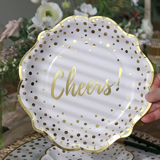Kate Aspen 72pc Gold Foil Cheers & Dots Tableware Set Party Kit - 24pcs 7 inch & 9 inch Heavy Duty Disposable Party Plates, 24pcs 6.5 inch Durable Paper Napkins
