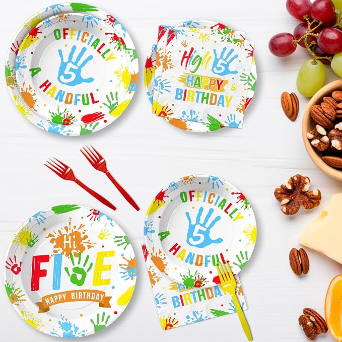 96Pcs Hi Five Birthday Decorations Colorful High Five Birthday Party Plates and Napkins Disposable 5 Year Old Tableware for Kids Boys Girls 5th Party Supplies, Serves 24