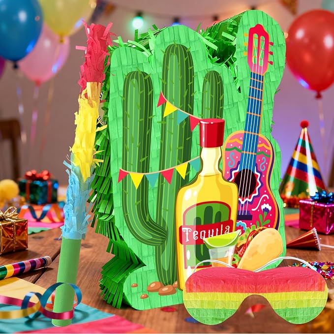 Mexican Cactus Piñata, 4pcs Mexican Pinata Set Includes Cinco De Mayo Cactus Pinata Blindfold Mexican Piñata Stick etc Mexican Fiesta Decorations Mexican Party Decorations