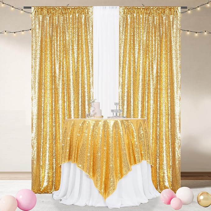 Poise3EHome Gold Sequin Tablecloth 90×90 Inch Square Sequin Fabric Table Cover Overlay for Baby Shower Birthday Party Wedding Christmas Holiday Cake Table Decoration