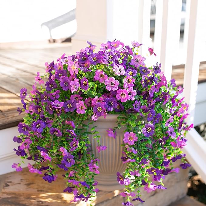 HyeFlora Artificial Flowers for Outdoors Decoration, 2Pcs Dark Purple and Purple Fake Hanging Flowers, UV & Fading Resistant, Faux Decor for Porch Patio Balcony Planter