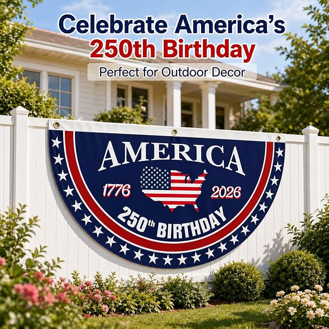 250 Year Anniversary Patriotic Fan Bunting Banner 1776–2026, USA Map Flag Design with Stars, 3x6 FT Large Outdoor Decoration, Brass Grommets, 2 Pack