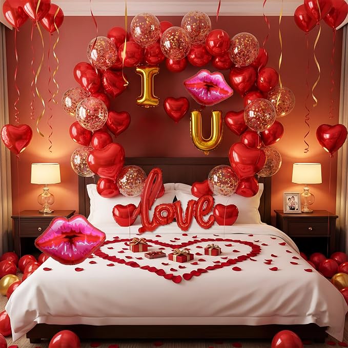32 Inch I Love You Balloons Red Gold Balloon with Heart Shaped, lips, Love Foil Balloons and 1000 Pieces Rose Petals for Anniversary Valentine's Day Proposals Decorations