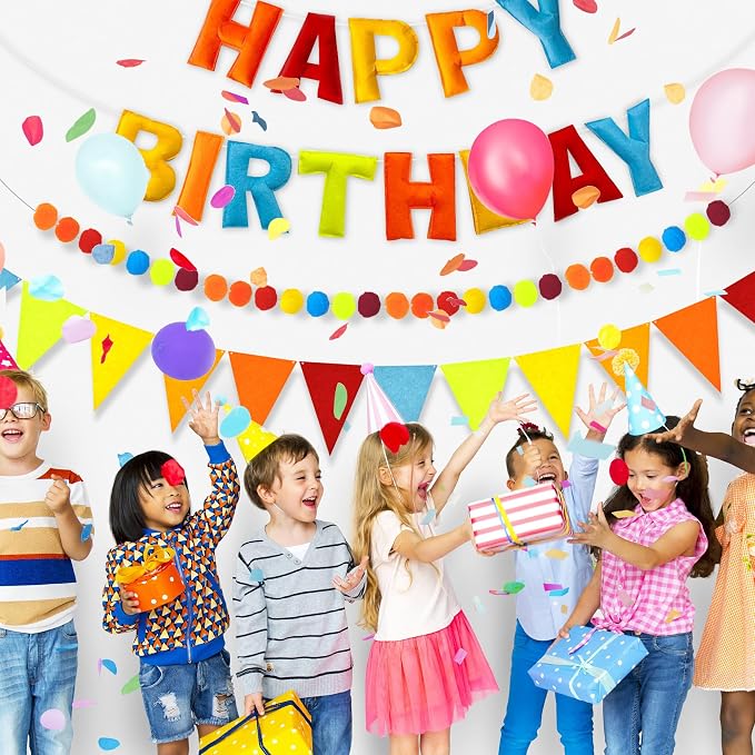 CANREVEL Pre-Strung 3D Happy Birthday Banner, 3 PCS Blue Felt Garland, Pom Pom Garland, Triangle Fabric Bunting, Reusable Blue Birthday Decorations for Boys Men, Blue Orange