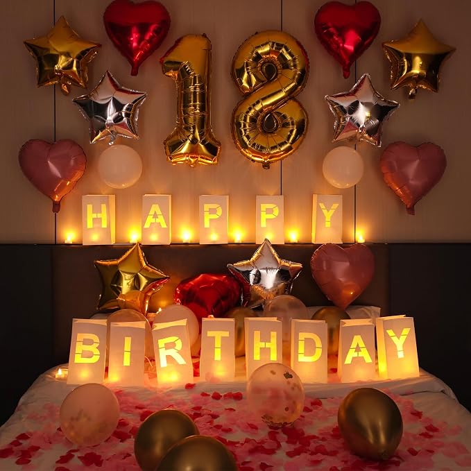 Happy Birthday Decorations Light Up Letters with Flameless Tealights, 0-9 Number Balloon, Latex Balloons, Aluminum Balloons and Rose Petals Birthday Decorations for Women and Men