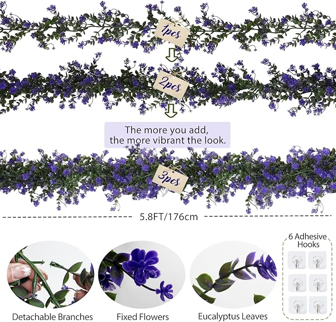 RECUTMS Fake Hanging Eucalyptus Garlands Artificial Vines Plants Eucalyptus Leaves with Flowers Greenery Spring Floral Garland for Home Wedding Wall Arch Party Decoration(Purple)