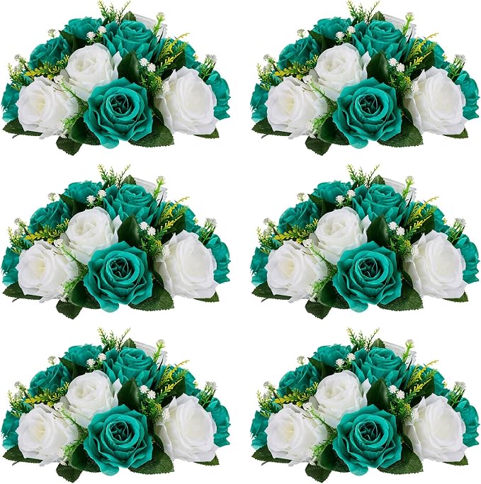 NUPTIO Flower Wedding Centrepieces for Tables - 6 Pcs 9.5in Diameter Teal & White Artificial Flowers Rose Ball for Centerpieces Table - Fake Rose Arrangements for Weddings Birthday Party Decorations