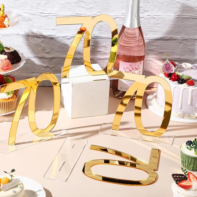 Threehoney 12 Pcs Mirror Gold 70th Birthday Decorations for Men and Women Acrylic Anniversary Decorations Table Numbers Centerpieces for Birthday Party