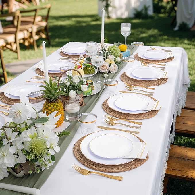 Festiva 175PCS White and Gold Plastic Plates - White with Gold Rim Fall Dinnerware Set - 25Guest include Plates Cups Cutlery Napkins for Birthday Party&Wedding& Easter