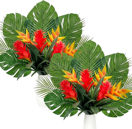 Hotop 24 Pcs Artificial Tropical Bouquet Artificial Tropical Flowers Centerpieces for Tables Bromeliad Monstera Palm Leaves and Heliconia for Hawaiian Party Birthday Wedding Table Decor
