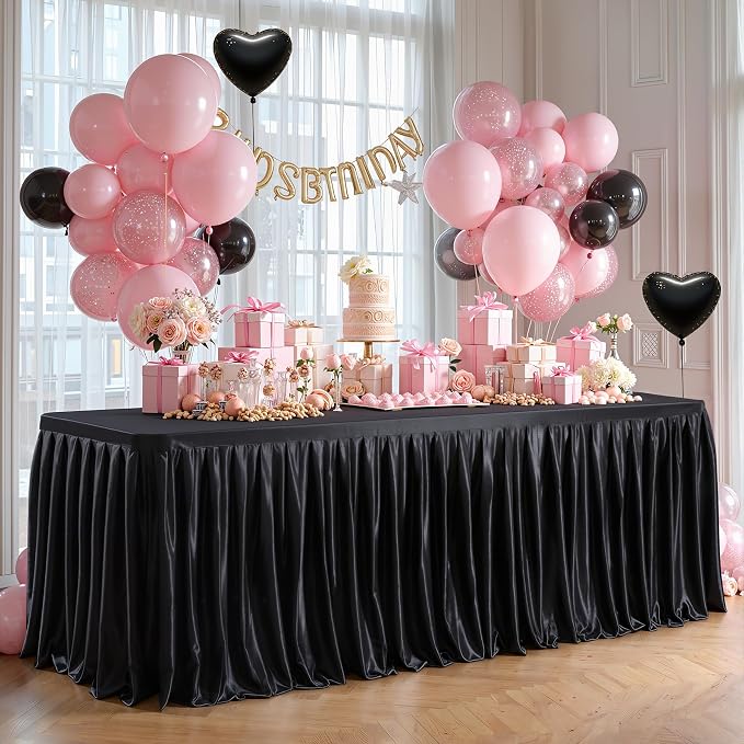 Black Satin Tablecloths Rectangle 4FT, Glitter Spandex Fitted Stretch Table Covers Wrinkle-Resistant Floor Length Shimmer Pleated Table Skirt for Weddings Parties Baby Shower Banquets Vendor Events