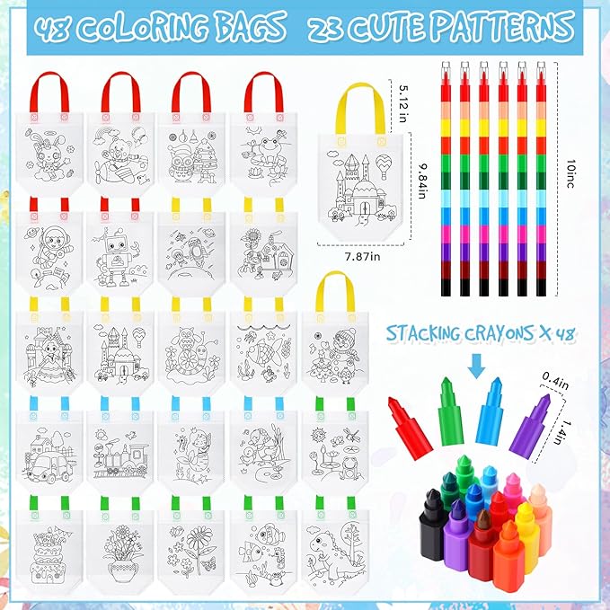 Chunful 48 Pieces Coloring Goodie Gift Bags for Kids Birthday Party Reusable Coloring Tote Bags Cute Cartoon Colorful Party Favor Non Woven with Colorful Pens DIY Crafts (Lovely with Crayon)
