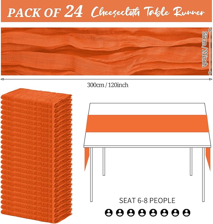 24 Pack Cheesecloth Table Runner 20 x 120 inch Cheese Cloth Table Runner Bulk,Romantic Boho Sheer Gauze Fabric Table Runners for Wedding Reception,Party,Bridal Shower Table Decor(Orange)