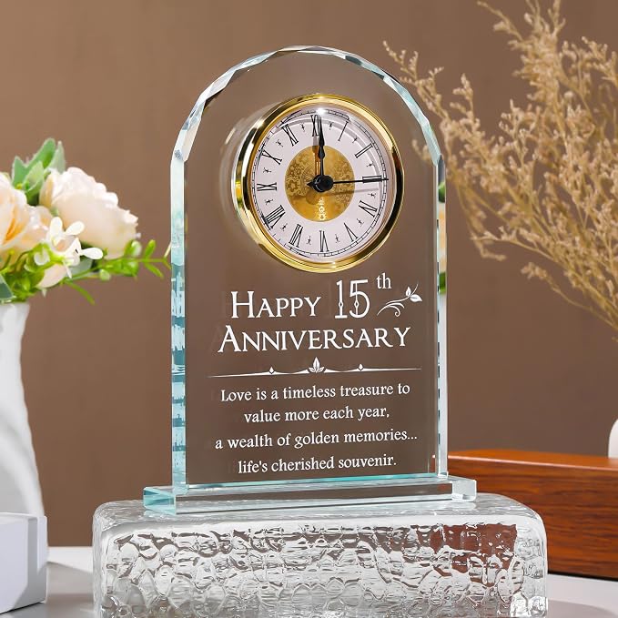 YWHL 15 Year Anniversary Quartz Clock Gifts for Her Him, Happy 15th Anniversary Clock Gifts for Couples, Romantic Presents for 15th Marriage Party
