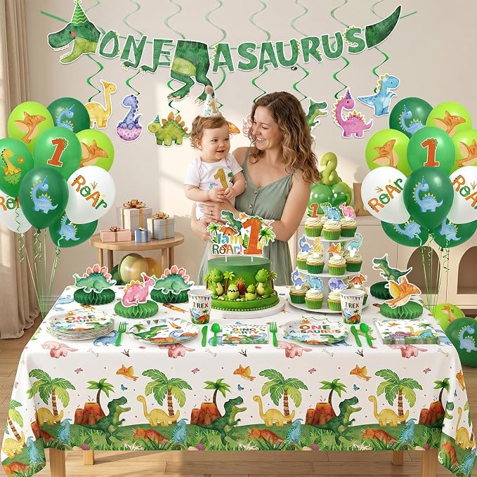 210 Pcs 1st Dinosaur Birthday Party Decorations Serves 24 ，First Rex Theme Dino Roar Party Supplies with Banner Hanging Plates Napkins Cups Forks Knives Tablecloth Topper Balloons for Boy Party