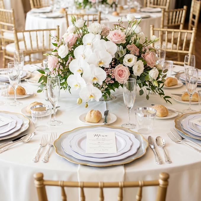 NOCCUR 175pcs Silver Plastic Plates - Silver Rim Plastic Tableware Include 25 Dinner/Dessert Plates, 25 Forks, 25 Knives, 25 Spoons for Wedding/Party